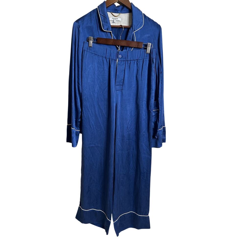 Naked Cashmere Florence Pajama Set 100% Silk Blue White Piping Womans M